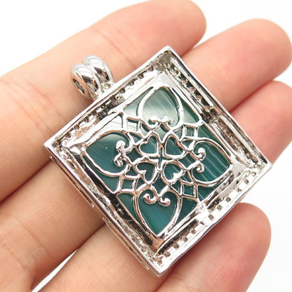 925 Sterling Silver Vintage Real Green Agate Gem & C Z Ornate Heart Pendant