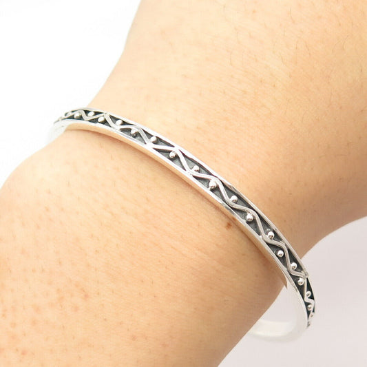 925 Sterling Silver 2-Tone Vintage Textured Heart Bangle Bracelet 8"