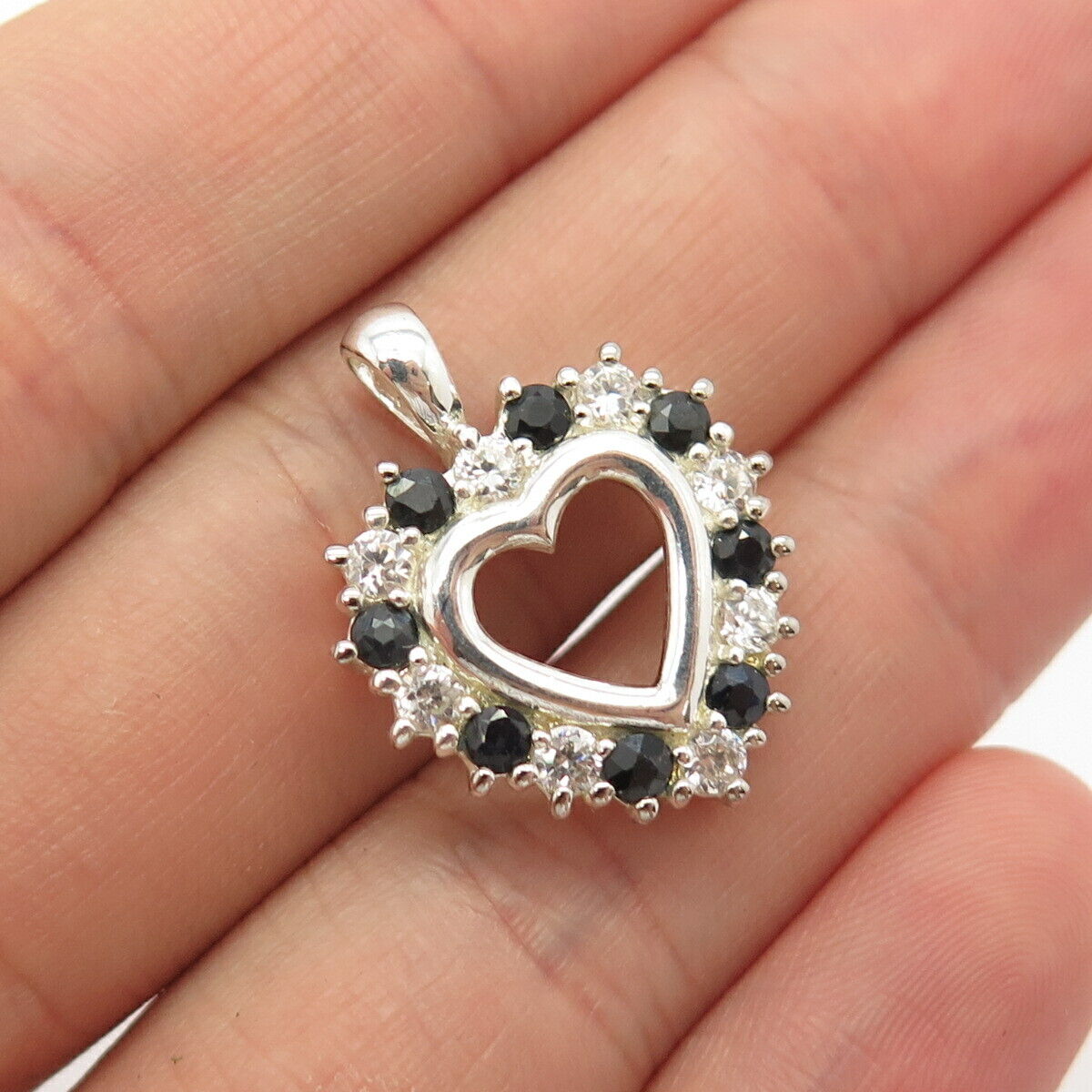 925 Sterling Silver Vintage Lab-Created Sapphire & C Z Heart Pendant