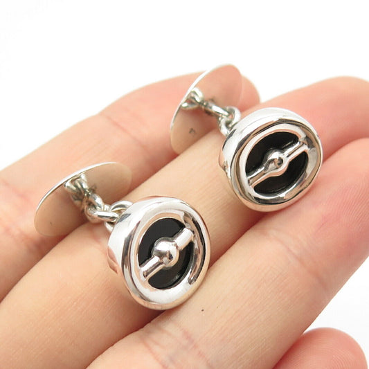 925 Sterling Silver Vintage Real Black Onyx Gem Round Cufflinks