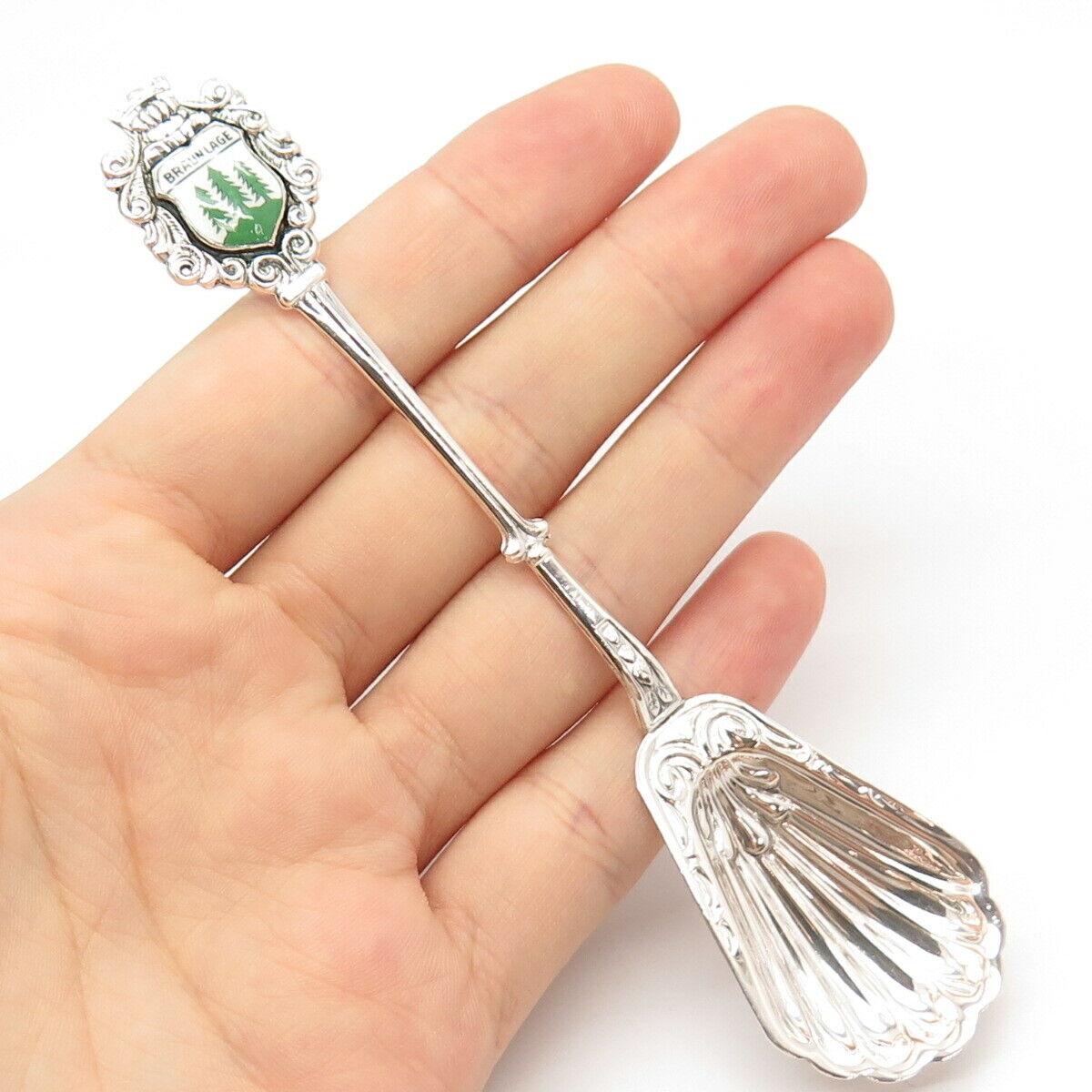 800 Silver Reu Vintage Enamel Tree "Braunlage" Ribbed Spoon