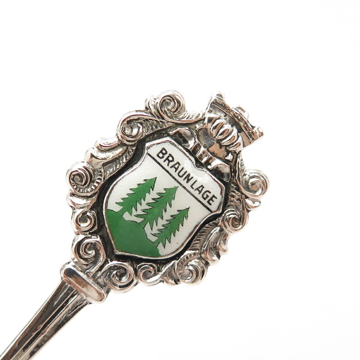 800 Silver Reu Vintage Enamel Tree "Braunlage" Ribbed Spoon