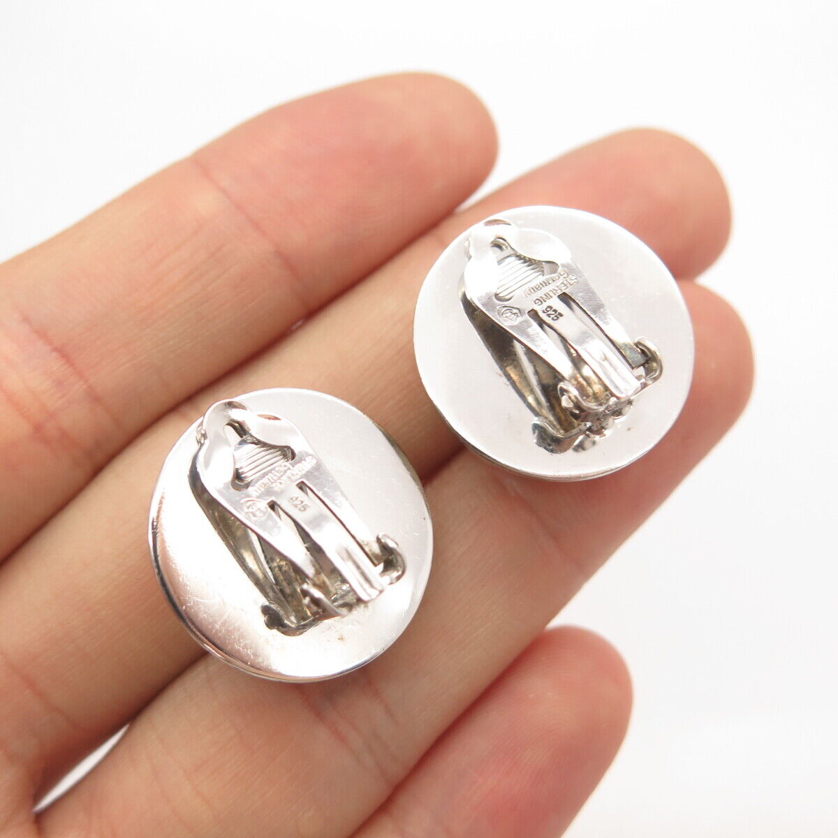 925 Sterling Silver 2-Tone Vintage Germany Button Clip On Earrings