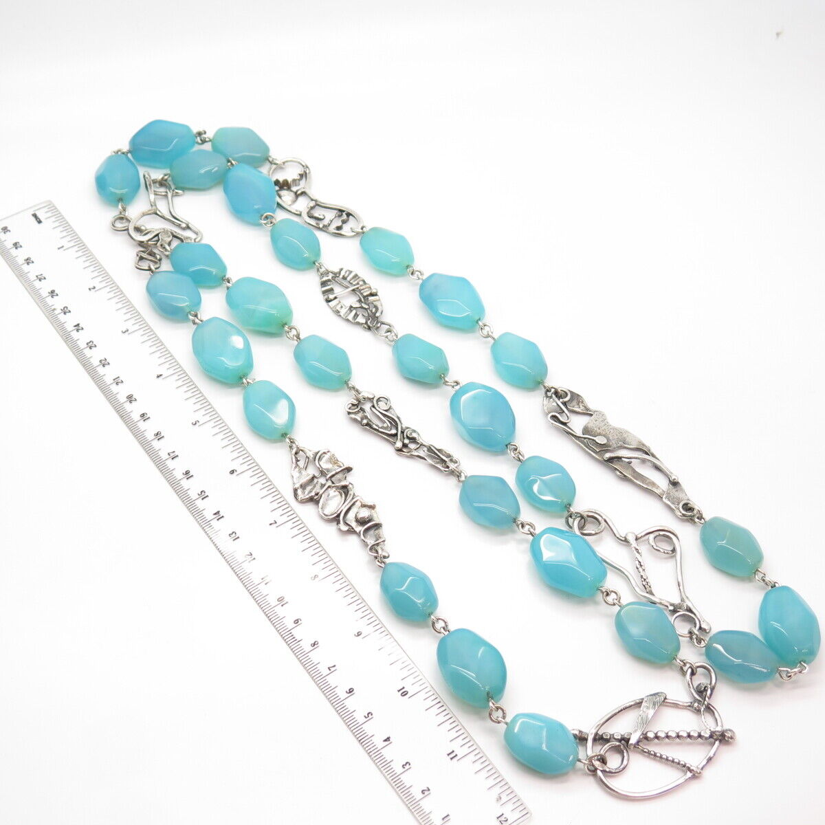 925 Sterling Silver Vintage Real Blue Lace Agate Gem Bead Chain Necklace 48”