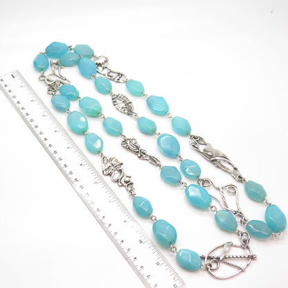 925 Sterling Silver Vintage Real Blue Lace Agate Gem Bead Chain Necklace 48”