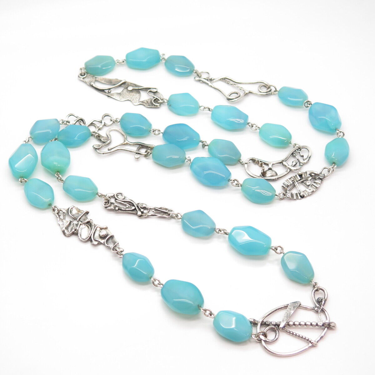 925 Sterling Silver Vintage Real Blue Lace Agate Gem Bead Chain Necklace 48”