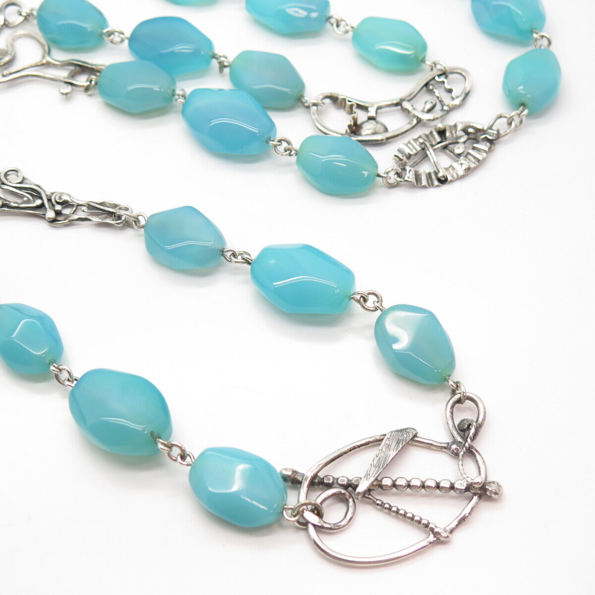 925 Sterling Silver Vintage Real Blue Lace Agate Gem Bead Chain Necklace 48”