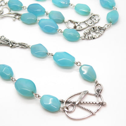 925 Sterling Silver Vintage Real Blue Lace Agate Gem Bead Chain Necklace 48”