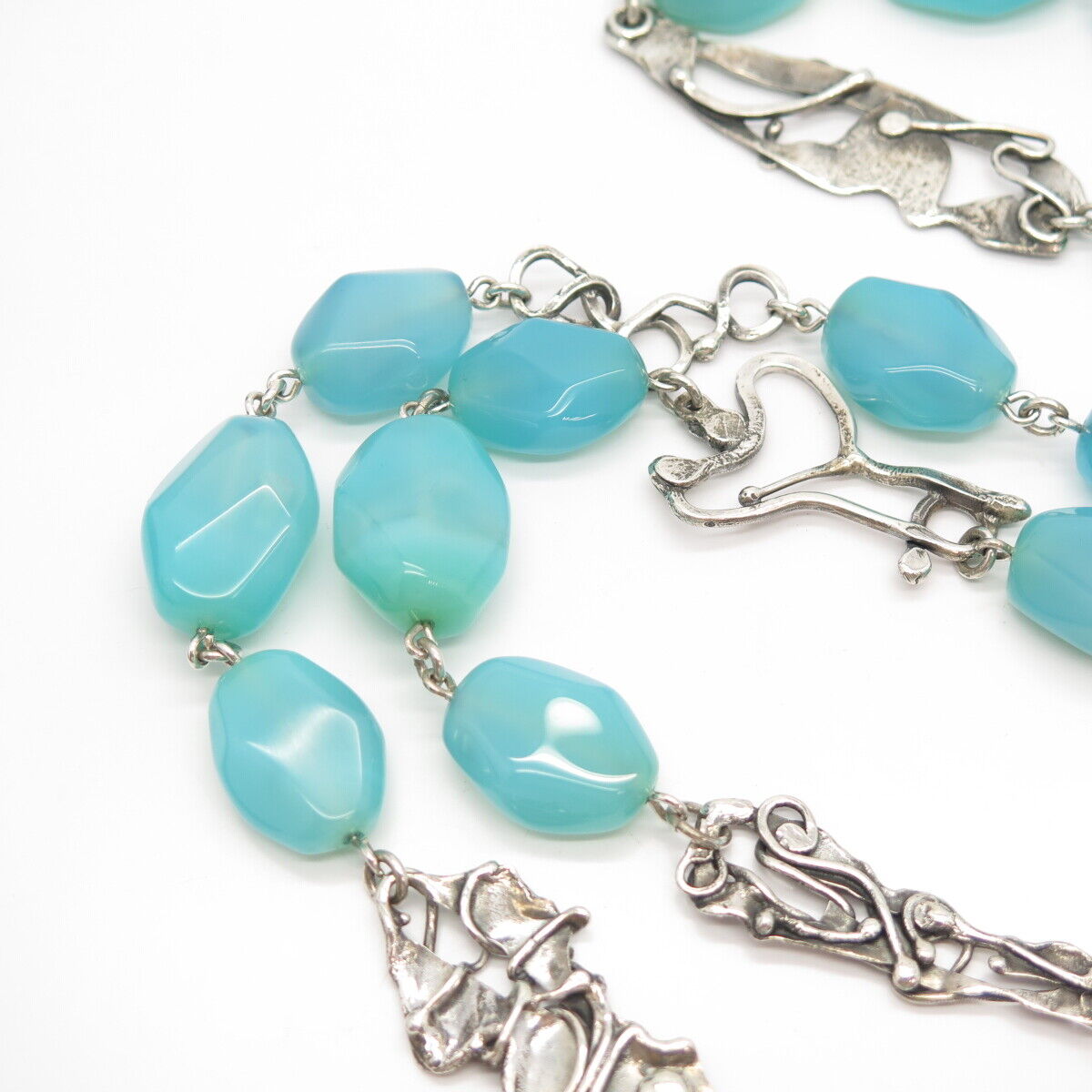 925 Sterling Silver Vintage Real Blue Lace Agate Gem Bead Chain Necklace 48”