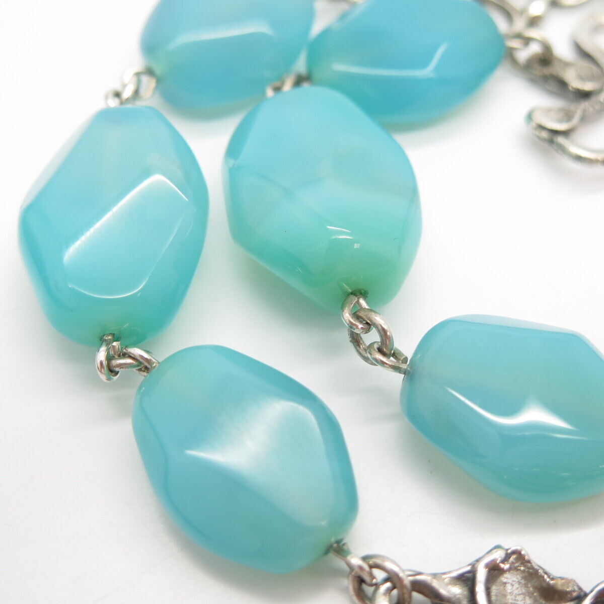 925 Sterling Silver Vintage Real Blue Lace Agate Gem Bead Chain Necklace 48”