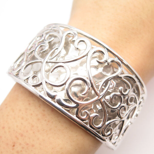 925 Sterling Silver Vintage Hammered Ornate Heart Wide Cuff Bracelet 7 1/4"