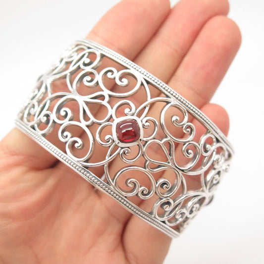 925 Sterling Silver Vintage Real Red Garnet Gem Ornate Cuff Bracelet 7"