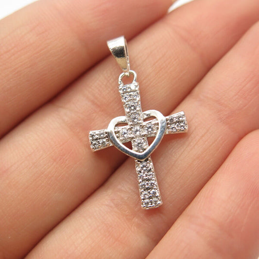 925 Sterling Silver Pave C Z Cross Heart Pendant