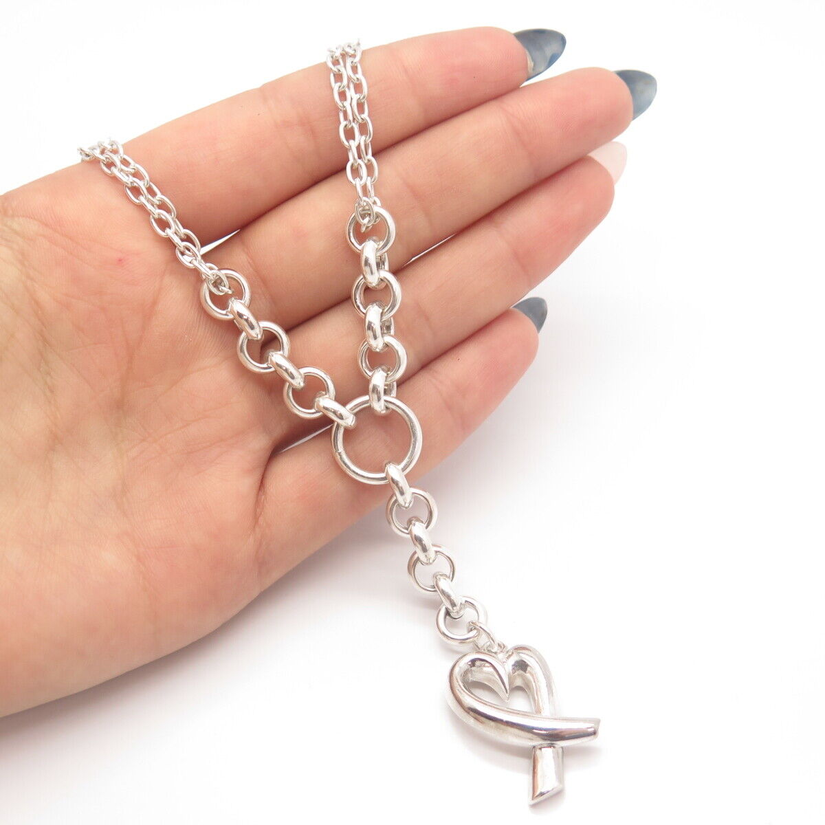 925 Sterling Silver Open Heart Double Rolo Chain Necklace 16"