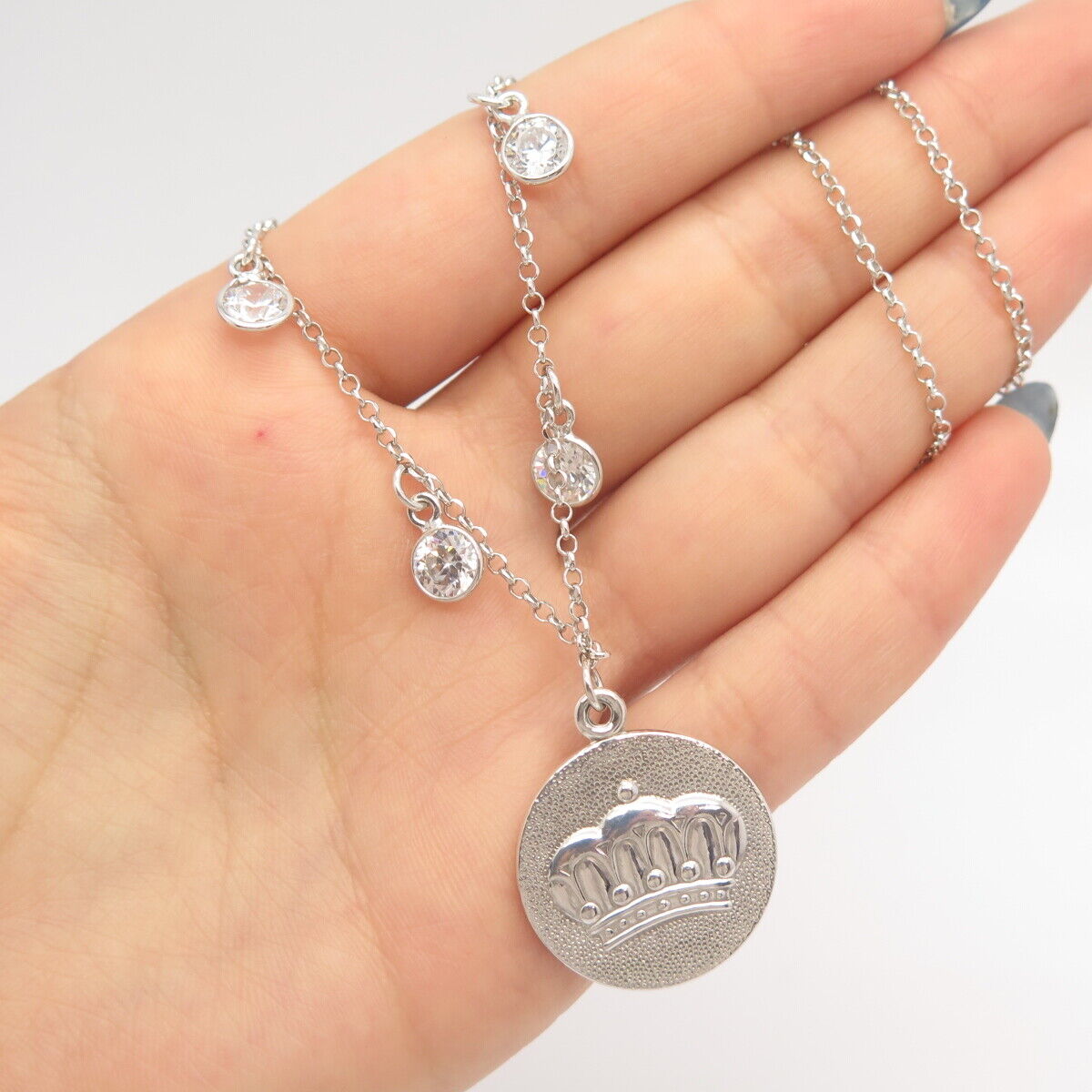 925 Sterling Silver C Z Crown Pendant Rolo Chain Necklace 16"