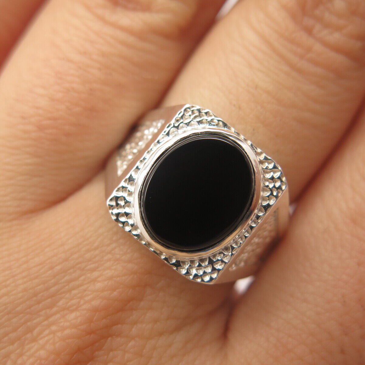 925 Sterling Silver Real Black Onyx Gemstone Ring Size 8 3/4