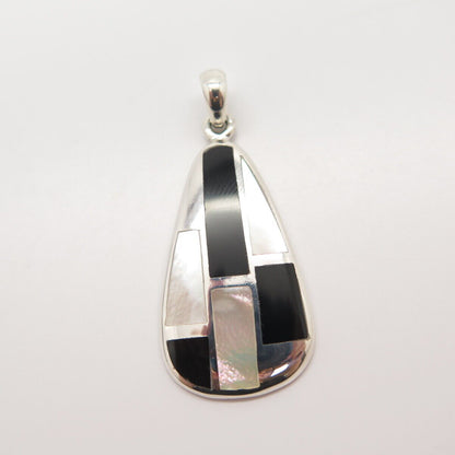 925 Sterling Silver Real Mother-of-Pearl & Black Onyx Gemstone Pendant