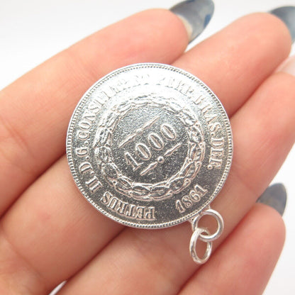 925 Sterling Silver Antique "1861 PETRUS II" Pedro II Coin Pendant