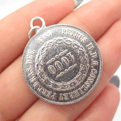 925 Sterling Silver Antique "1861 PETRUS II" Pedro II Coin Pendant