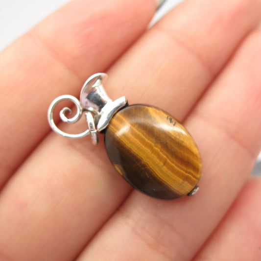 925 Sterling Silver Vintage Real Tiger Eye Gemstone Charm Pendant