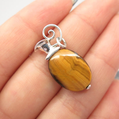 925 Sterling Silver Vintage Real Tiger Eye Gemstone Charm Pendant