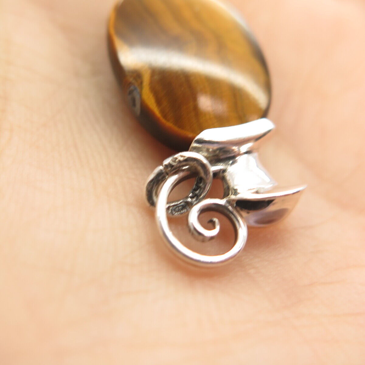 925 Sterling Silver Vintage Real Tiger Eye Gemstone Charm Pendant