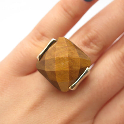 925 Sterling Silver Gold Plated Lydia Real Tiger Eye Gem Ring Size 6 3/4