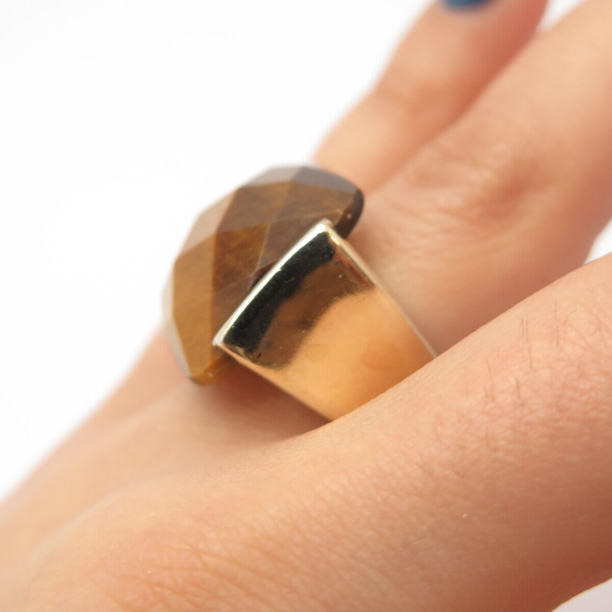 925 Sterling Silver Gold Plated Lydia Real Tiger Eye Gem Ring Size 6 3/4