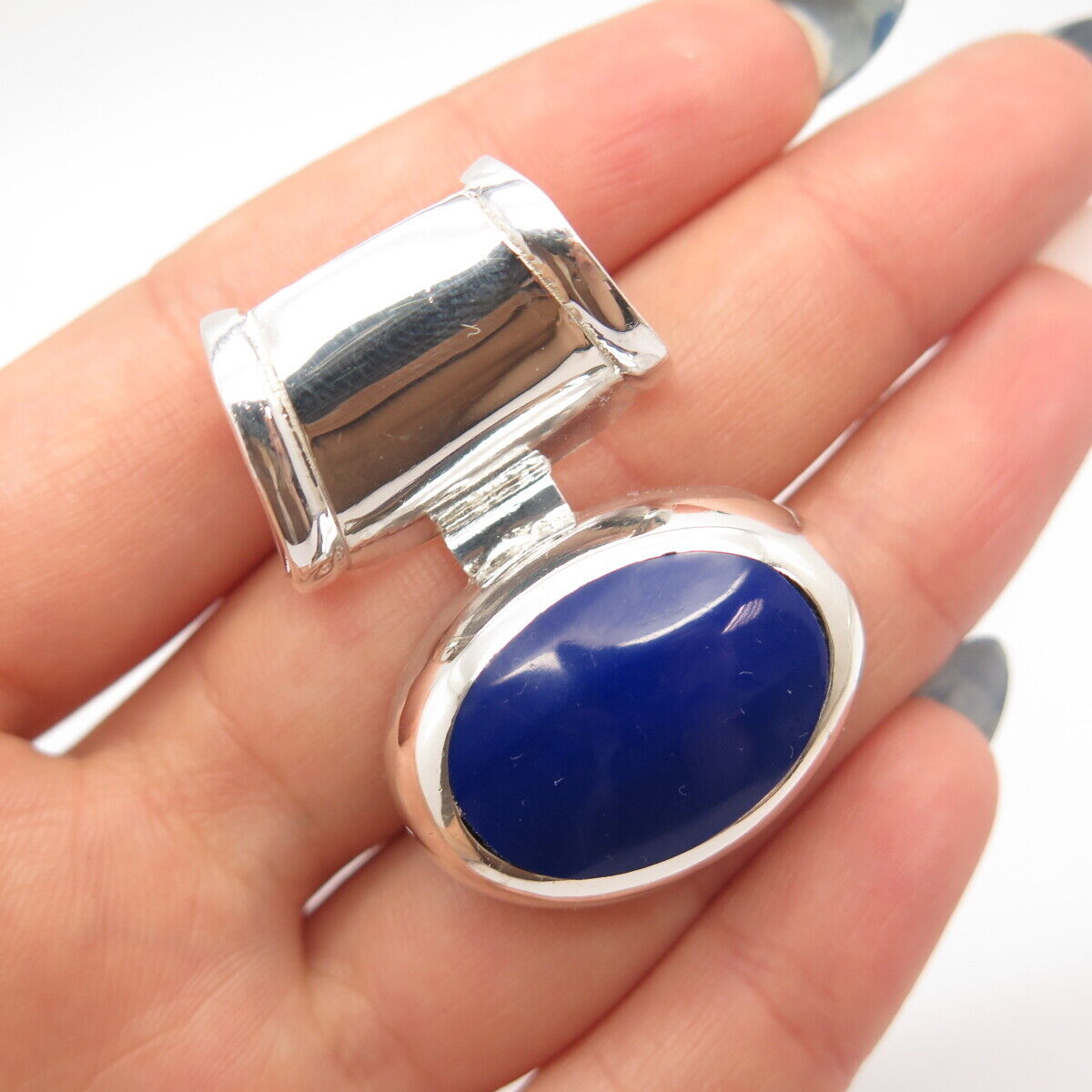 925 Sterling Silver Vintage Mexico Real Lapis Lazuli Gemstone Slide Pendant