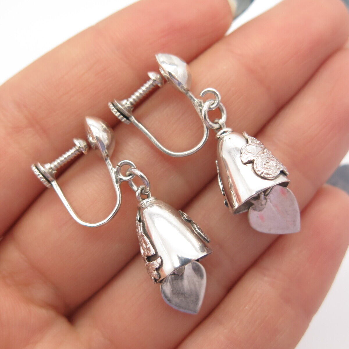 925 Sterling Silver Vintage SIAM Bell Heart Screw Back Earrings