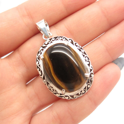 925 Sterling Silver Vintage Real Tiger Eye Gemstone Ornate Pendant