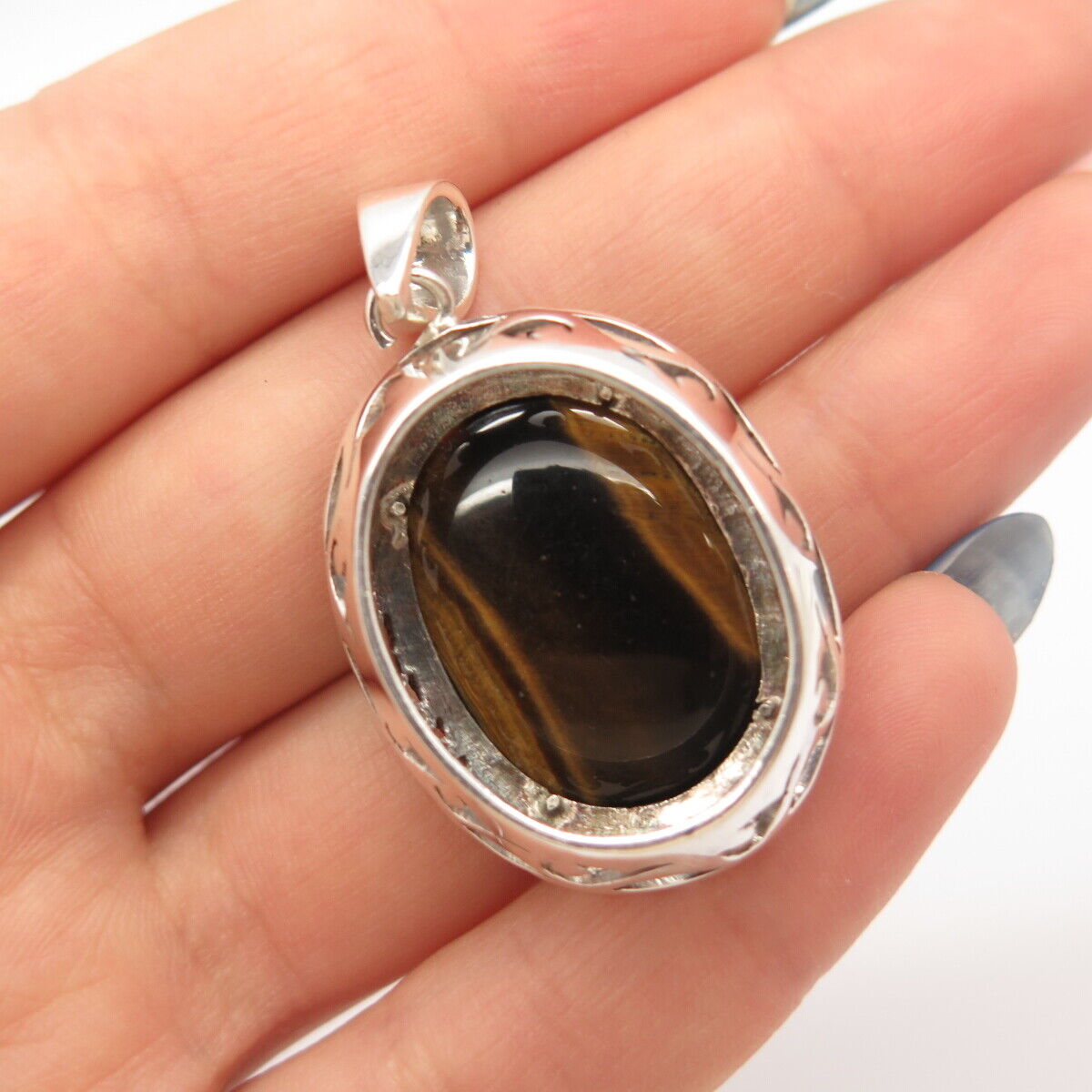 925 Sterling Silver Vintage Real Tiger Eye Gemstone Ornate Pendant