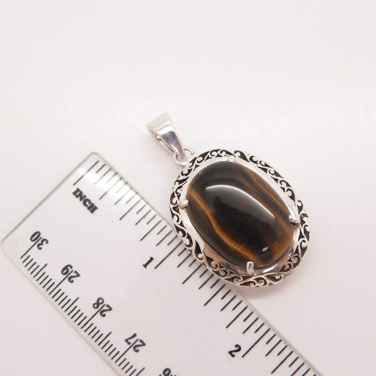 925 Sterling Silver Vintage Real Tiger Eye Gemstone Ornate Pendant