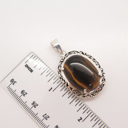 925 Sterling Silver Vintage Real Tiger Eye Gemstone Ornate Pendant