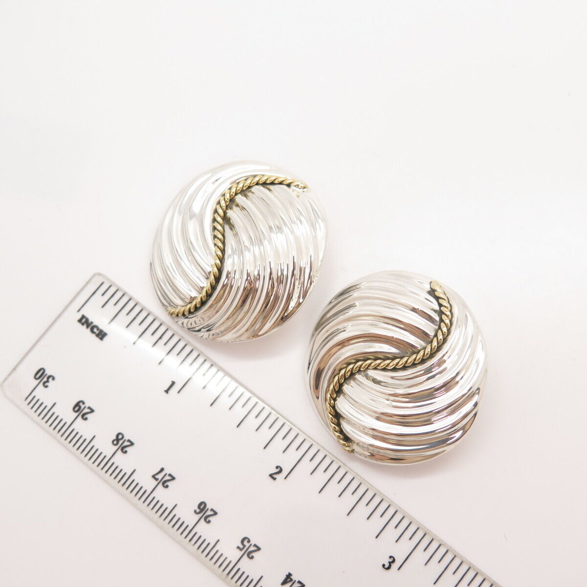 925 Sterling Silver 2-Tone Vintage Mexico Ribbed Clip On Earrings