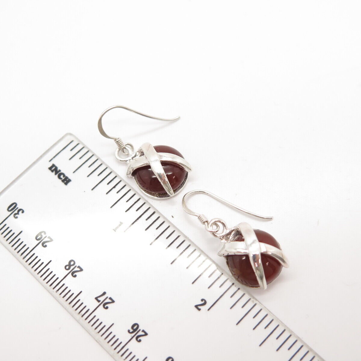 925 Sterling Silver Vintage Real Carnelian Gemstone Crossover Dangling Earrings