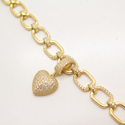 925 Sterling Silver Gold Plated Pave C Z Heart Square Link Bracelet 6.5"