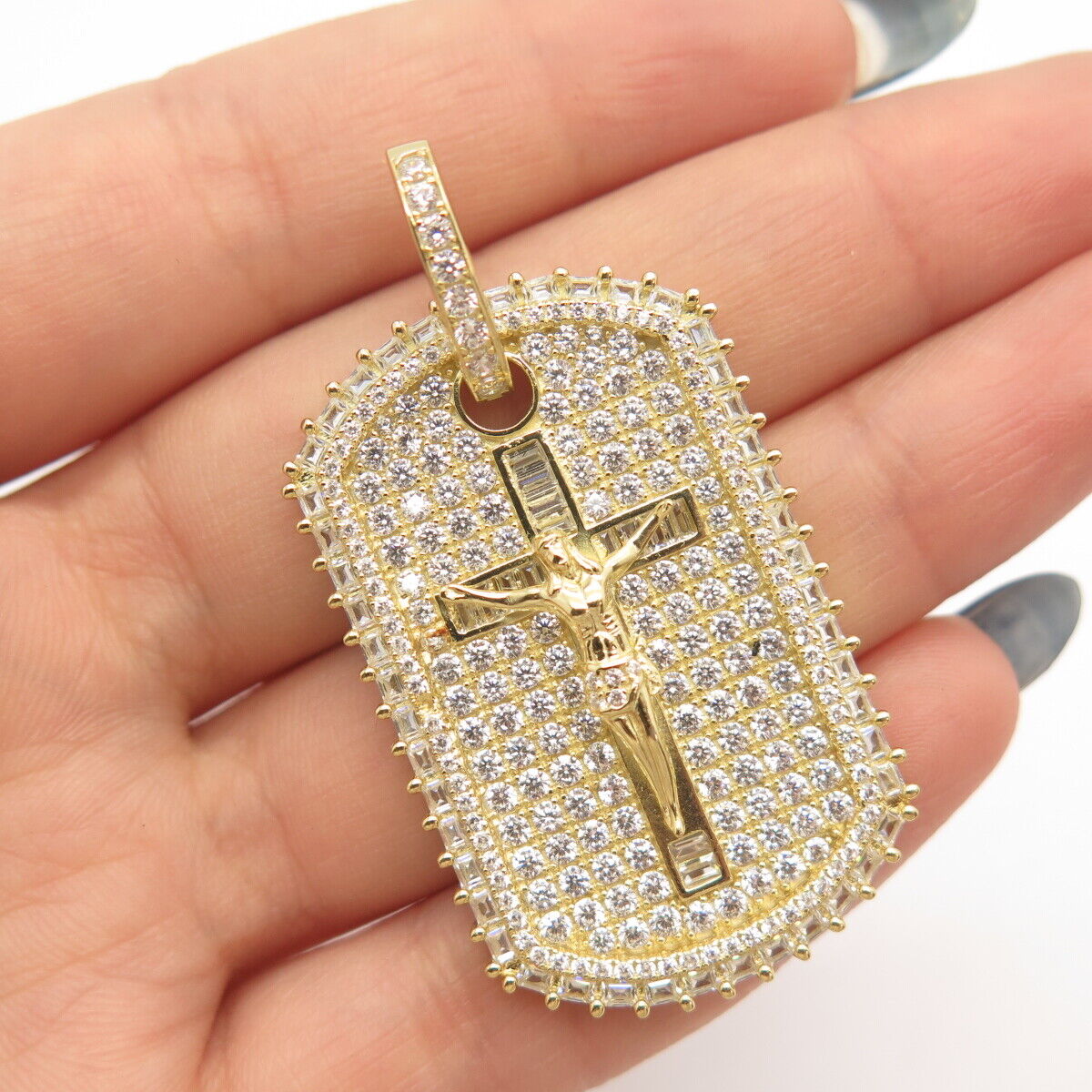 925 Sterling Silver Gold Plated Pave C Z Crucifix Cross Pendant