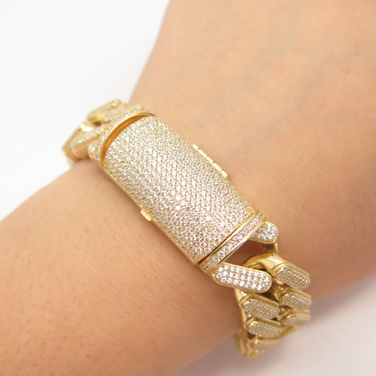 925 Sterling Silver Gold Plated Pave C Z Modernist Link Bracelet 7.75"