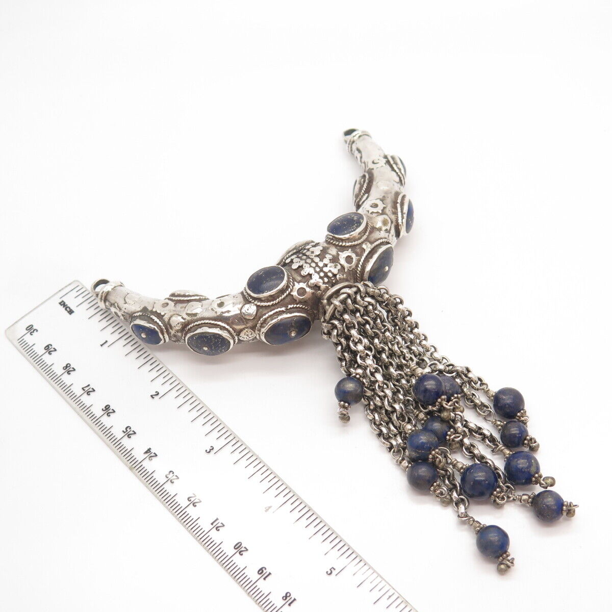 925 Sterling Silver Vintage Real Lapis Lazuli Gem Tribal Necklace Central Part