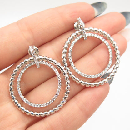 925 Sterling Silver Pave C Z Double Circle Dangling Earrings