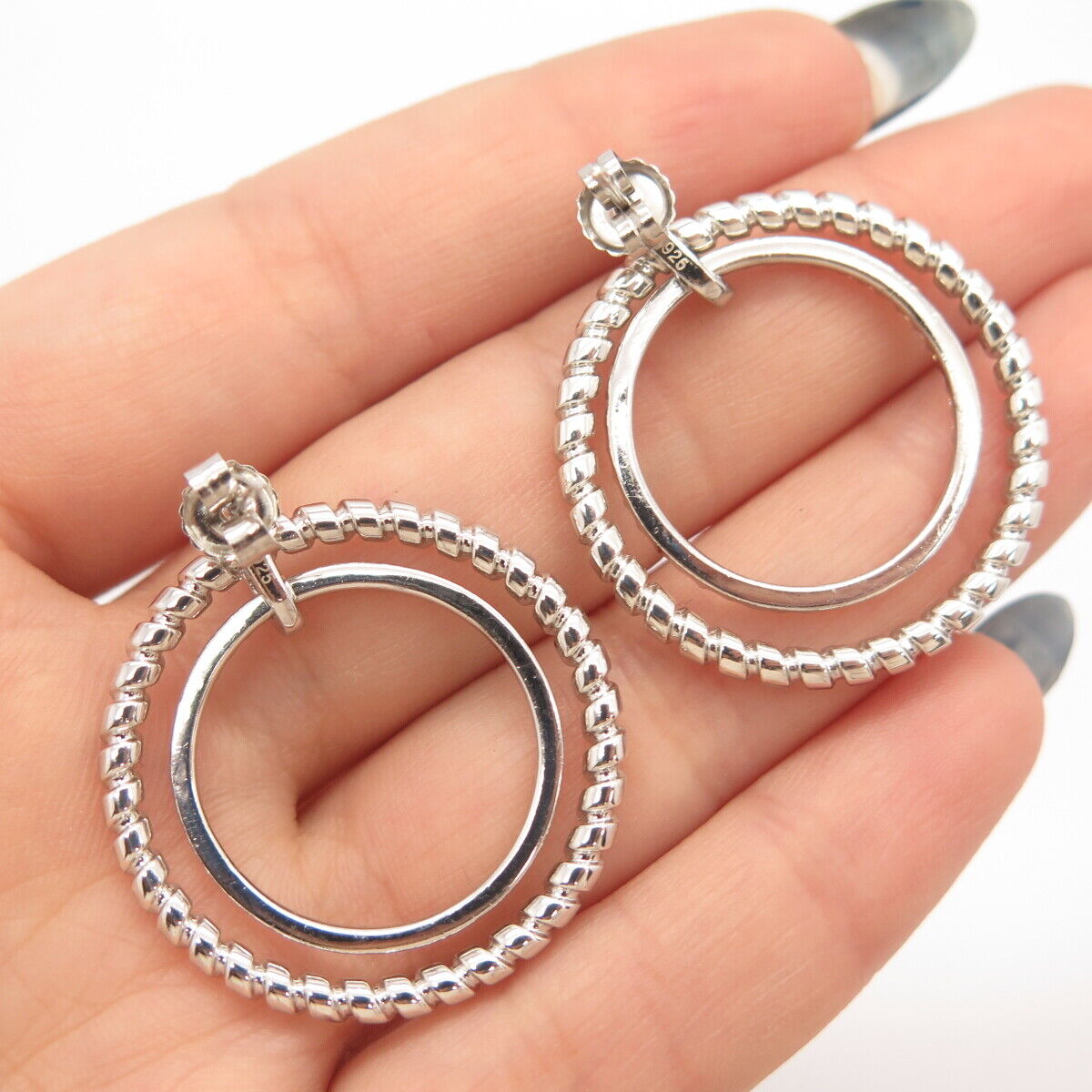 925 Sterling Silver Pave C Z Double Circle Dangling Earrings