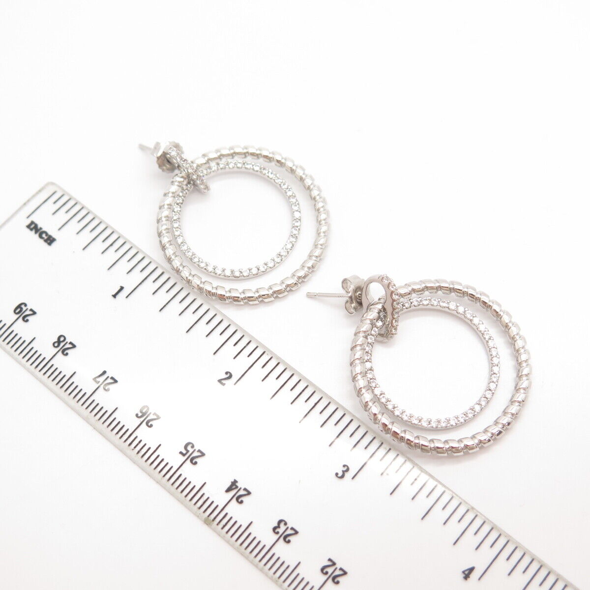 925 Sterling Silver Pave C Z Double Circle Dangling Earrings