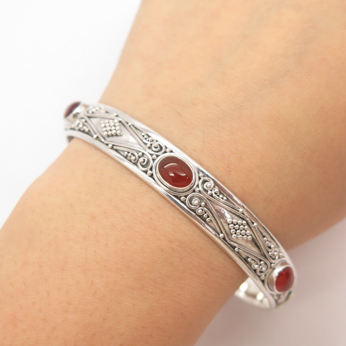 925 Sterling Silver Vintage Real Carnelian Gemstone Ethnic Bangle Bracelet 8"