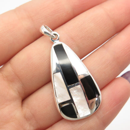 925 Sterling Silver Real Mother-of-Pearl & Black Onyx Gemstone Pendant