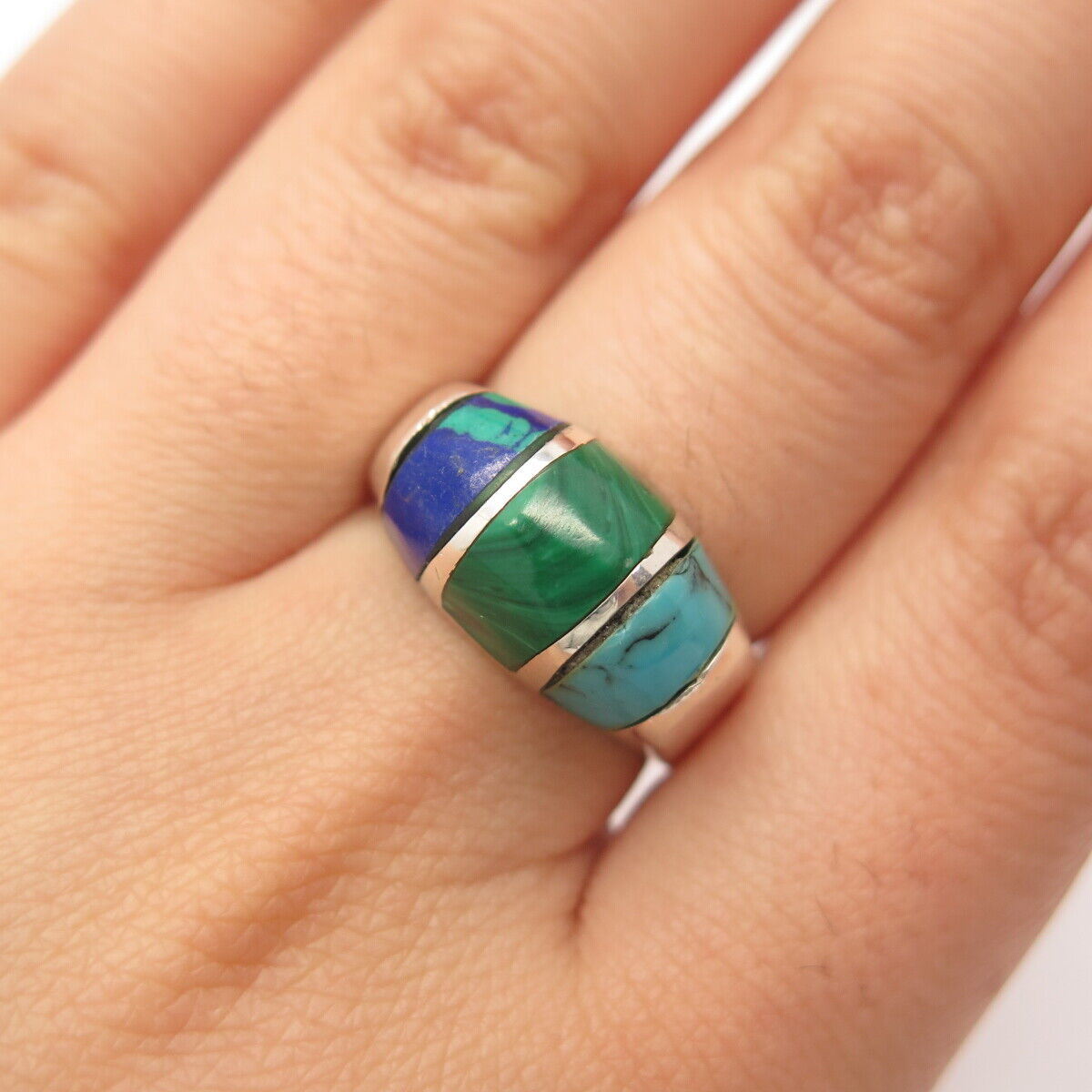 925 Sterling Silver Vintage Mexico Azurite Malachite Turquoise Gem Ring Size 7.5