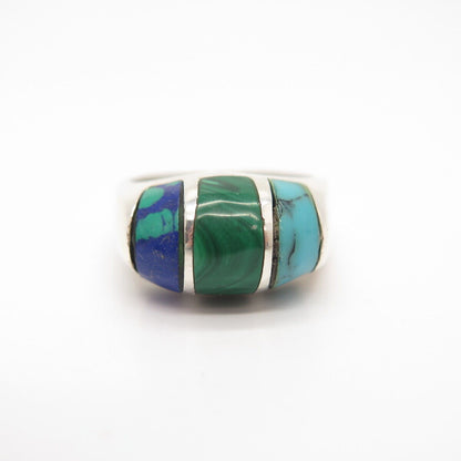 925 Sterling Silver Vintage Mexico Azurite Malachite Turquoise Gem Ring Size 7.5