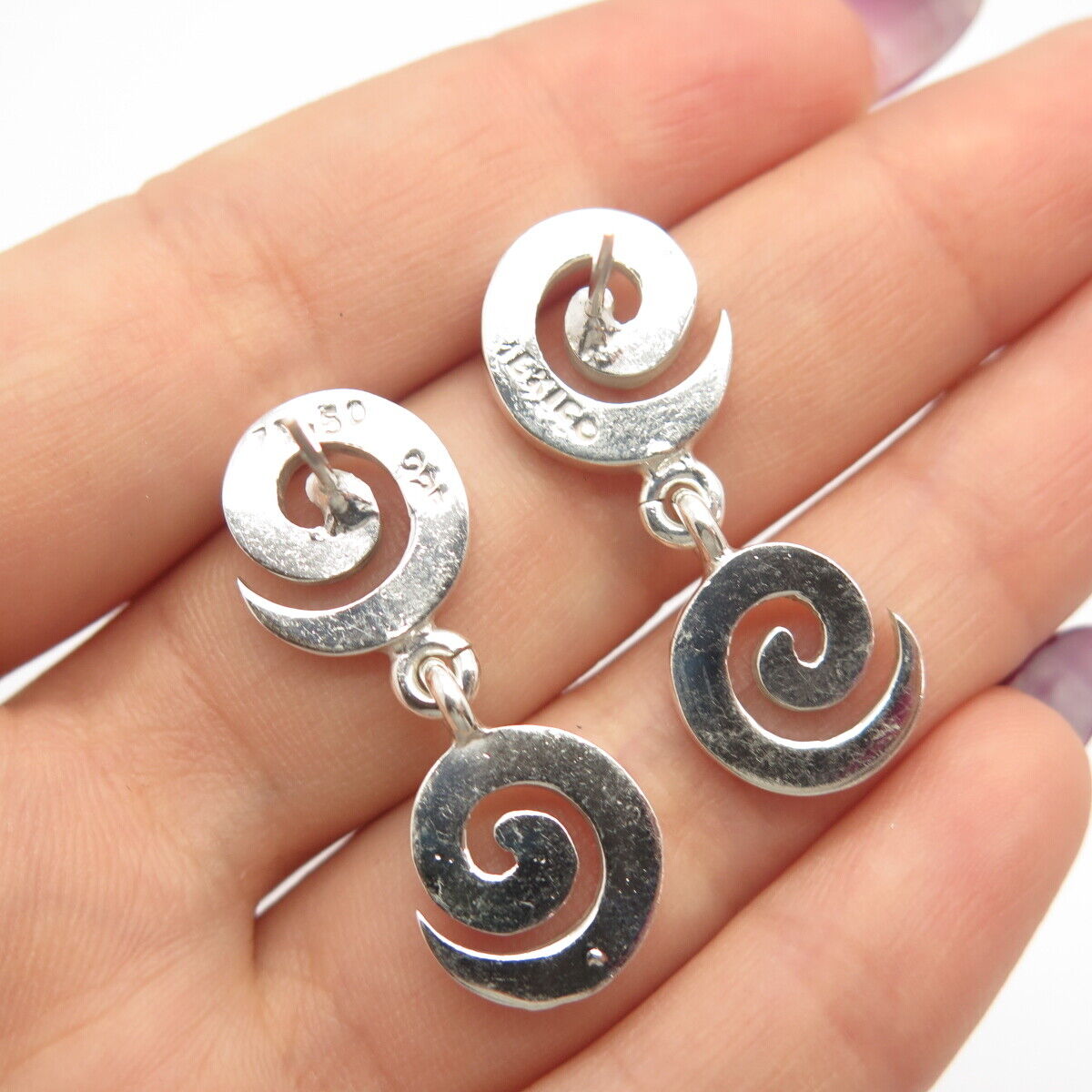 925 Sterling Silver Vintage Mexico Swirl Dangling Earrings