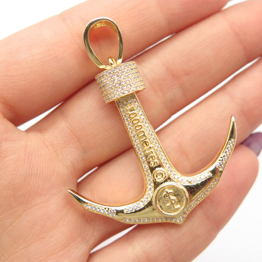 925 Sterling Silver Gold Plated Pave C Z Anchor Large Pendant