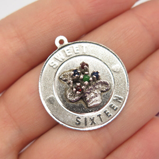 925 Sterling Silver Vintage Multi-Color Glass "Sweet Sixteen" Pendant